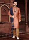 Dark Peach Colour Outluk Vol 36 Traditional Jaqcuard Silk With Self Work Party Wear Kurta Pajama Mens Collection 36004